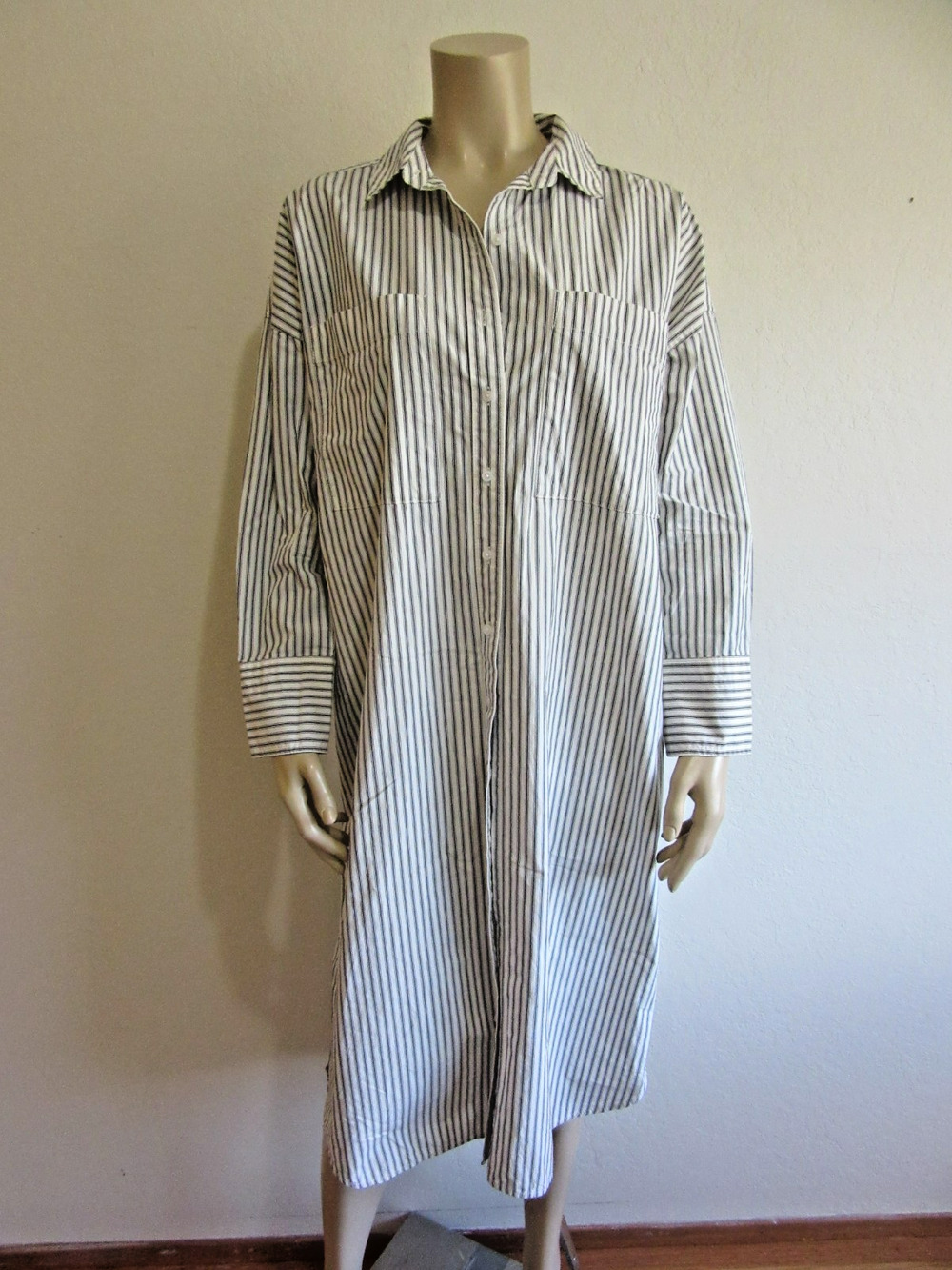 EVERLANE White/Gray Stripe Shirt Style L Midi Long Sleeve Casual Maternity Dress